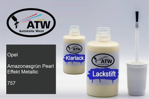 Opel, Amazonasgrün Pearl Effekt Metallic, 757: 20ml Lackstift + 20ml Klarlack - Set, von ATW Autoteile West.